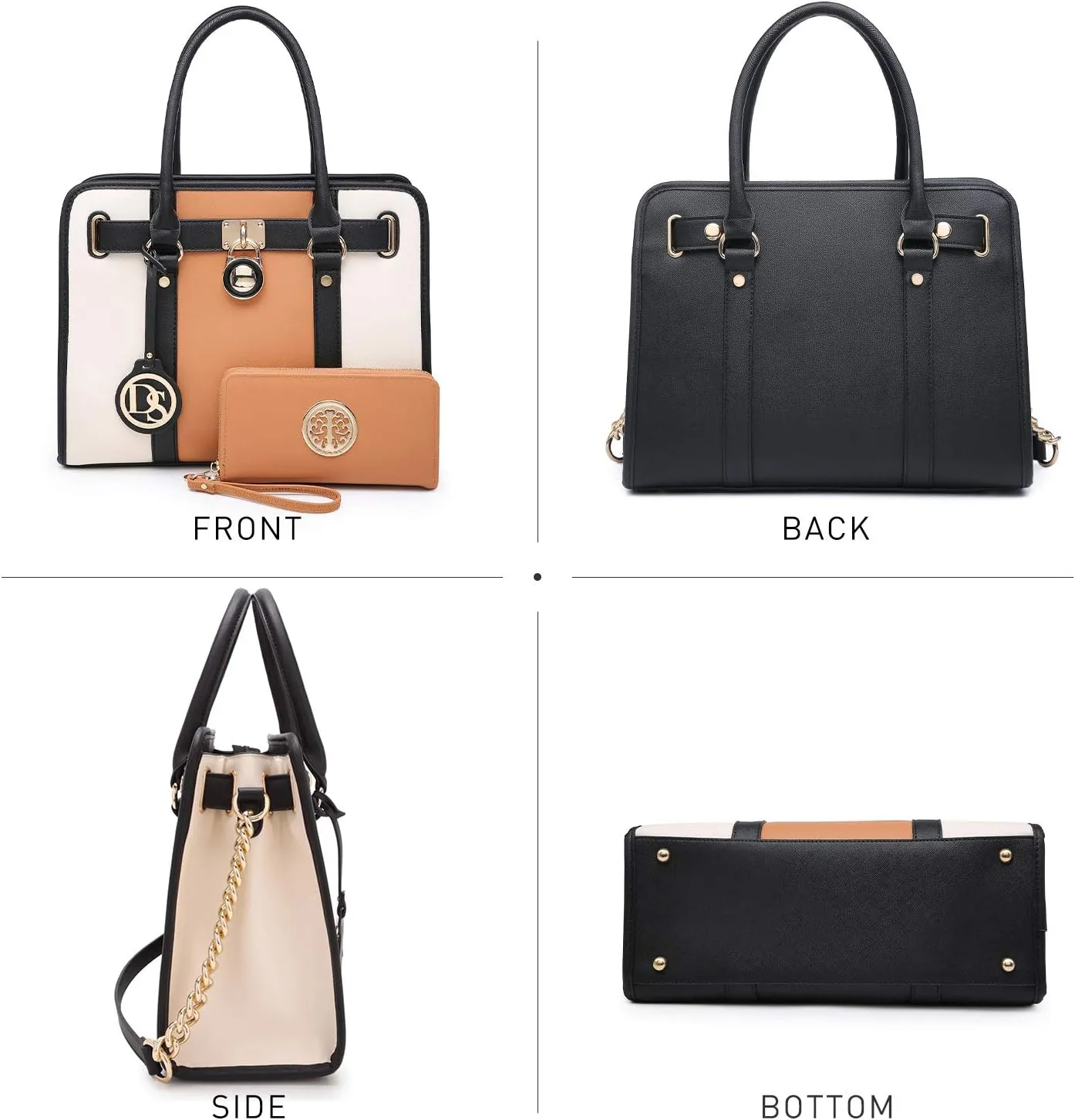 Dasein Two Tone Satchel Handbags Purses for Women Vegan Leather Shoulder Bags Large Tote Bag with Matching Wallet