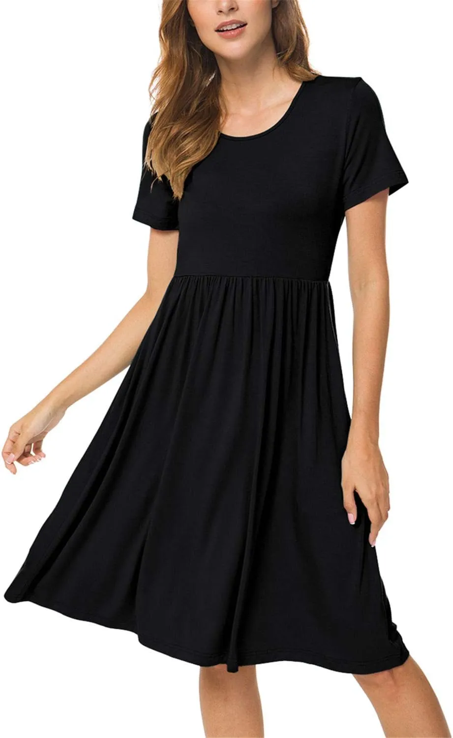 DB MOON Women Summer Casual Short Sleeve Dresses Empire Waist Dress with Pockets
