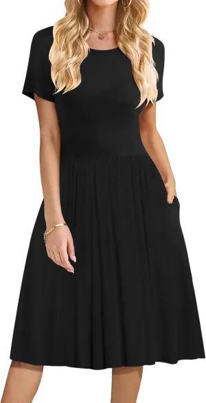 DB MOON Women Summer Casual Short Sleeve Dresses Empire Waist Dress with Pockets