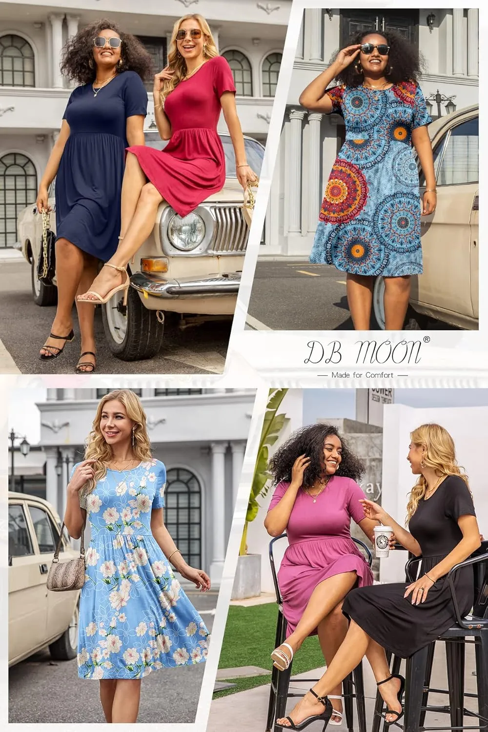 DB MOON Women Summer Casual Short Sleeve Dresses Empire Waist Dress with Pockets