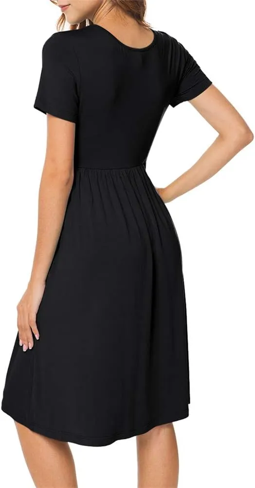 DB MOON Women Summer Casual Short Sleeve Dresses Empire Waist Dress with Pockets