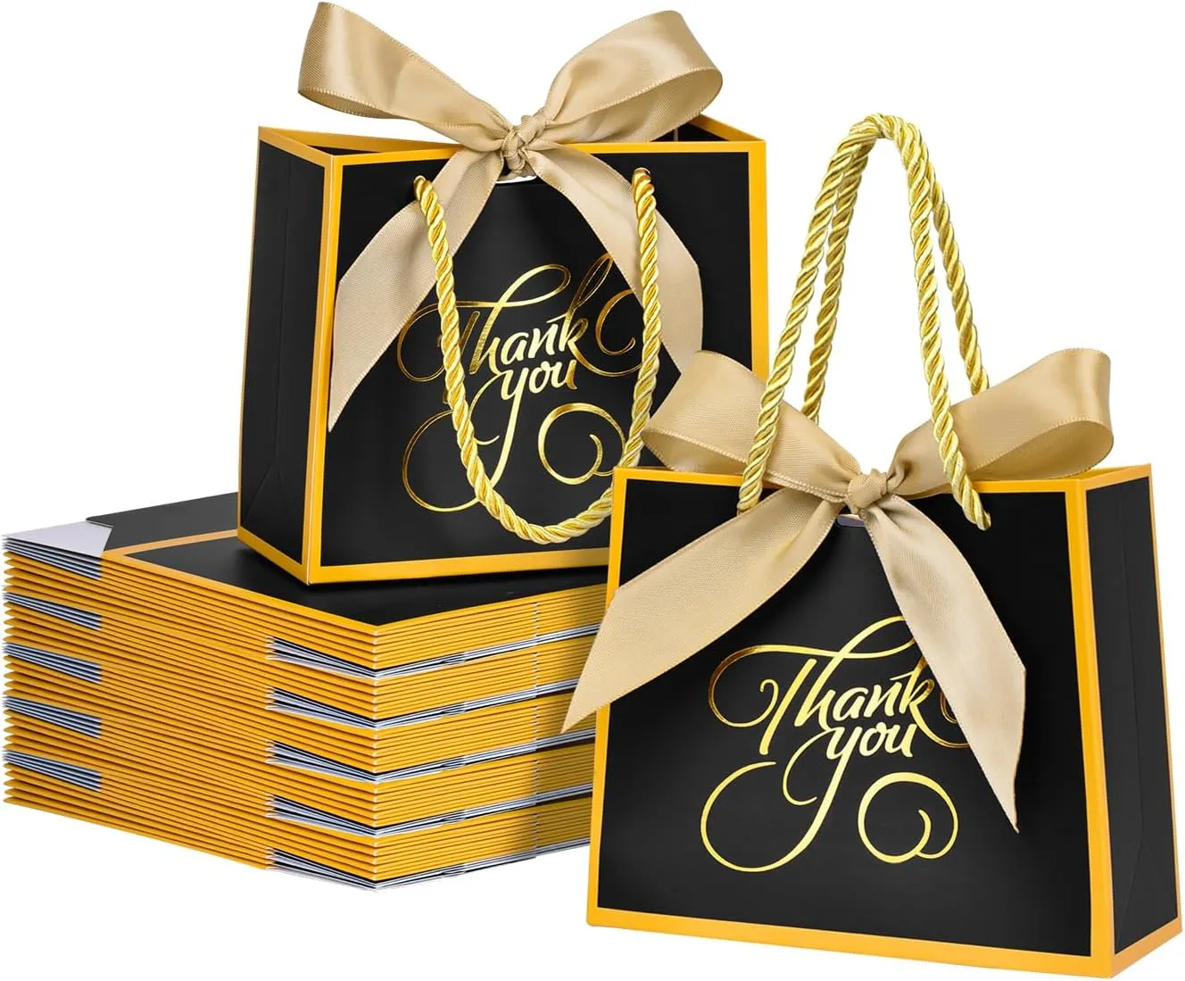 DECHISY 50 Pack Small Thank You Bags With Handles, 5.5x2.5x4.7Inch, Black Party Favor Bags For Bridal Shower, Birthday, Baby Shower, Wedding