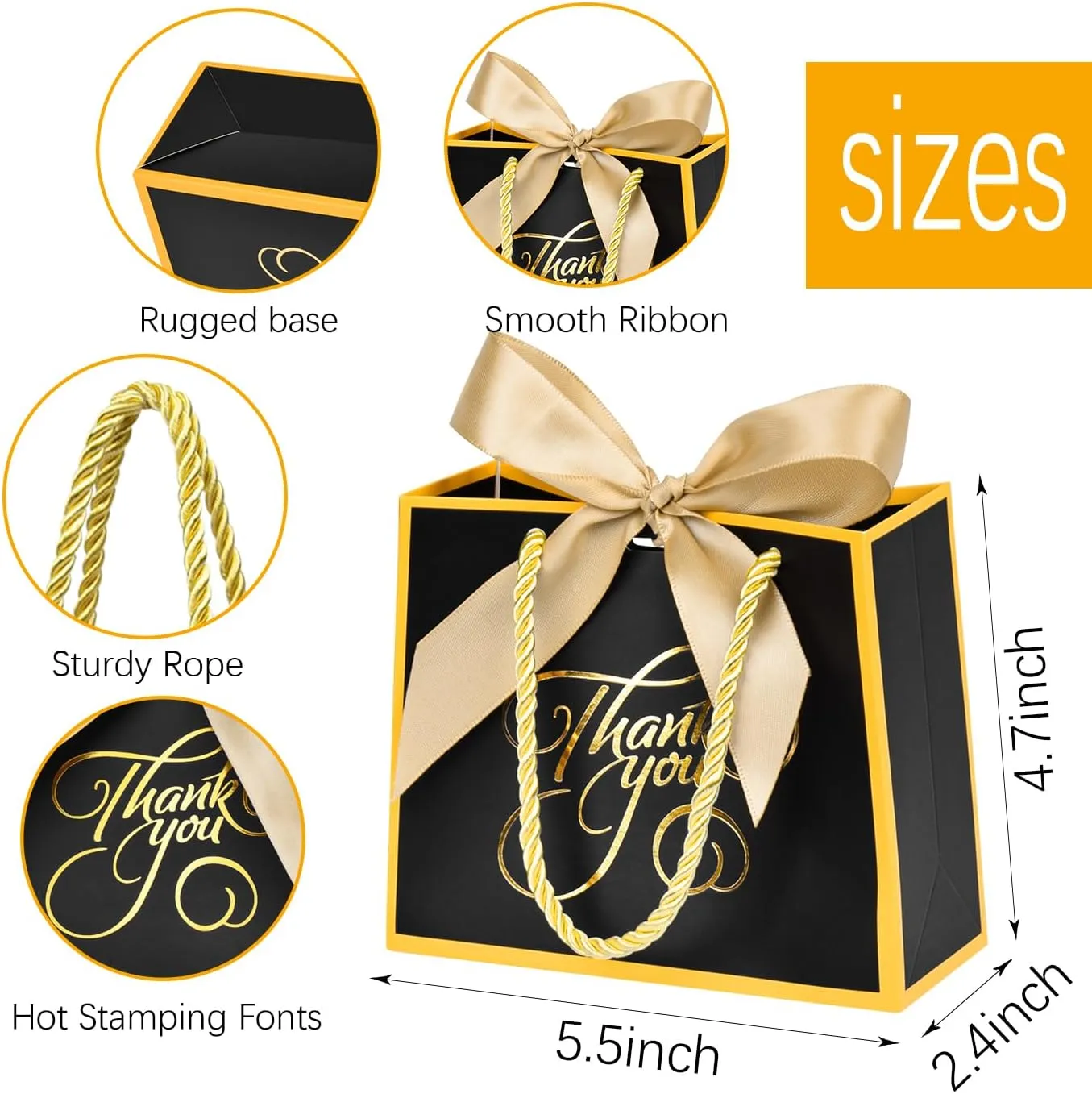 DECHISY 50 Pack Small Thank You Bags With Handles, 5.5x2.5x4.7Inch, Black Party Favor Bags For Bridal Shower, Birthday, Baby Shower, Wedding