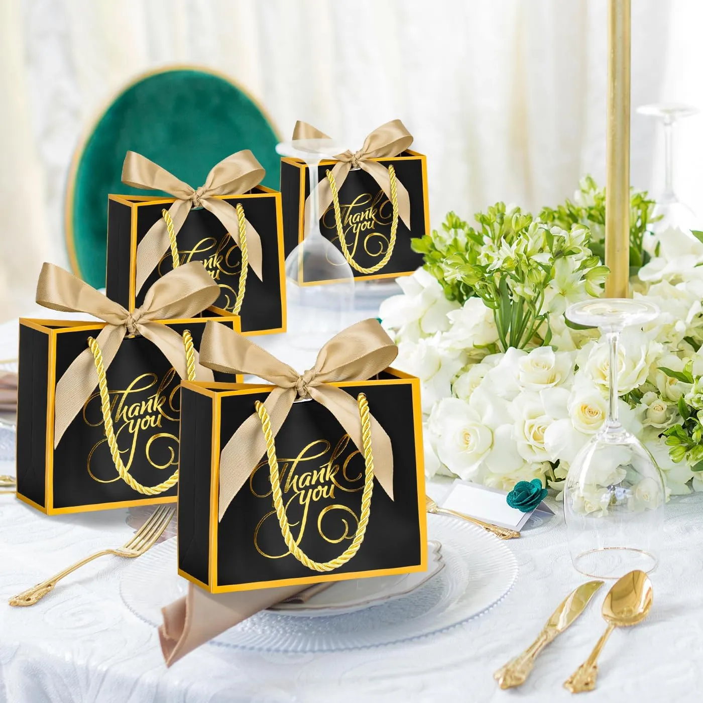 DECHISY 50 Pack Small Thank You Bags With Handles, 5.5x2.5x4.7Inch, Black Party Favor Bags For Bridal Shower, Birthday, Baby Shower, Wedding