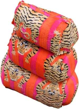 Decorative Cosmetic Travel Bags Set, Tiger Print with Orange and Pink Stripes, 3 Sizes