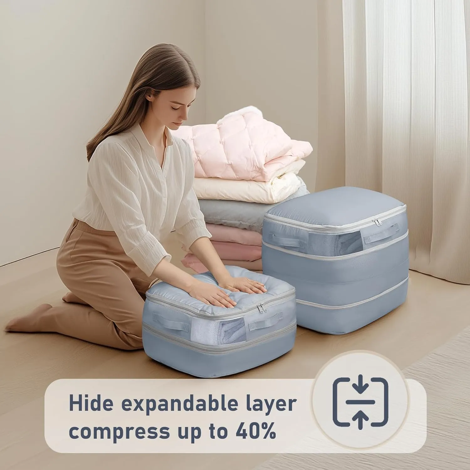 DIMJ Compression Storage Bags 6 Pack - Blanket Storage Bags with Window Zipper, Ultra Space Saving Self Compression Organizer for Puffer Jacket, Bedding, Lightweight Comforter Duvet, Sweater, Sheet