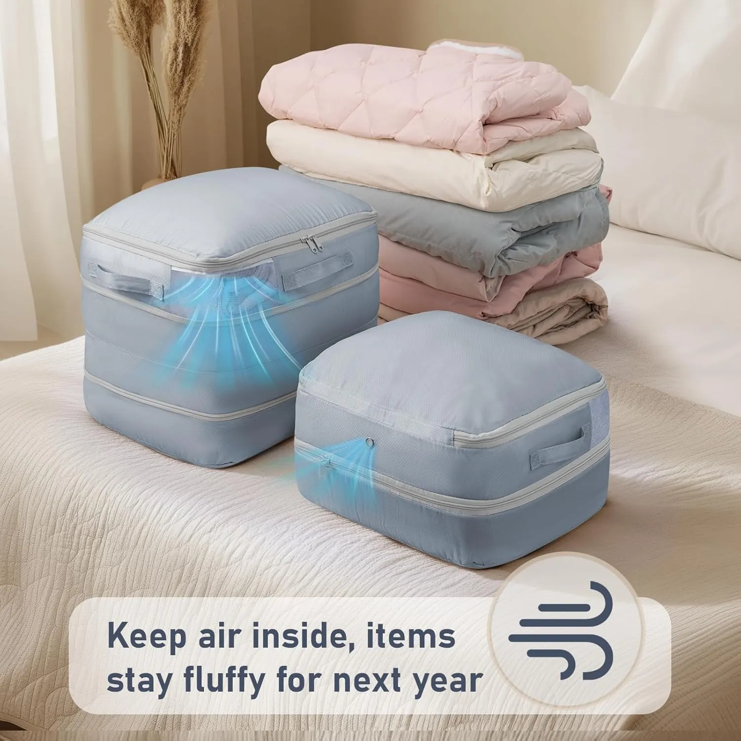 DIMJ Compression Storage Bags 6 Pack - Blanket Storage Bags with Window Zipper, Ultra Space Saving Self Compression Organizer for Puffer Jacket, Bedding, Lightweight Comforter Duvet, Sweater, Sheet