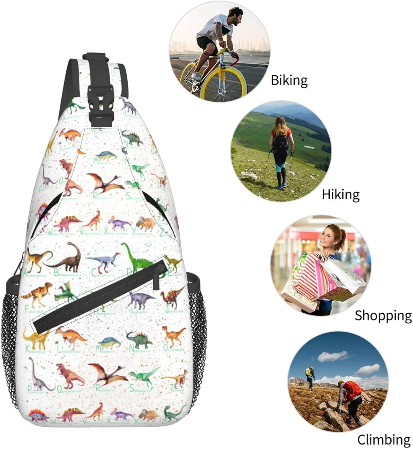 Dinosaur Alphabet Chest Sling Bag Crossbody Shoulder Backpack Bag Gym Cycling Travel Hiking Daypack Cross Bag