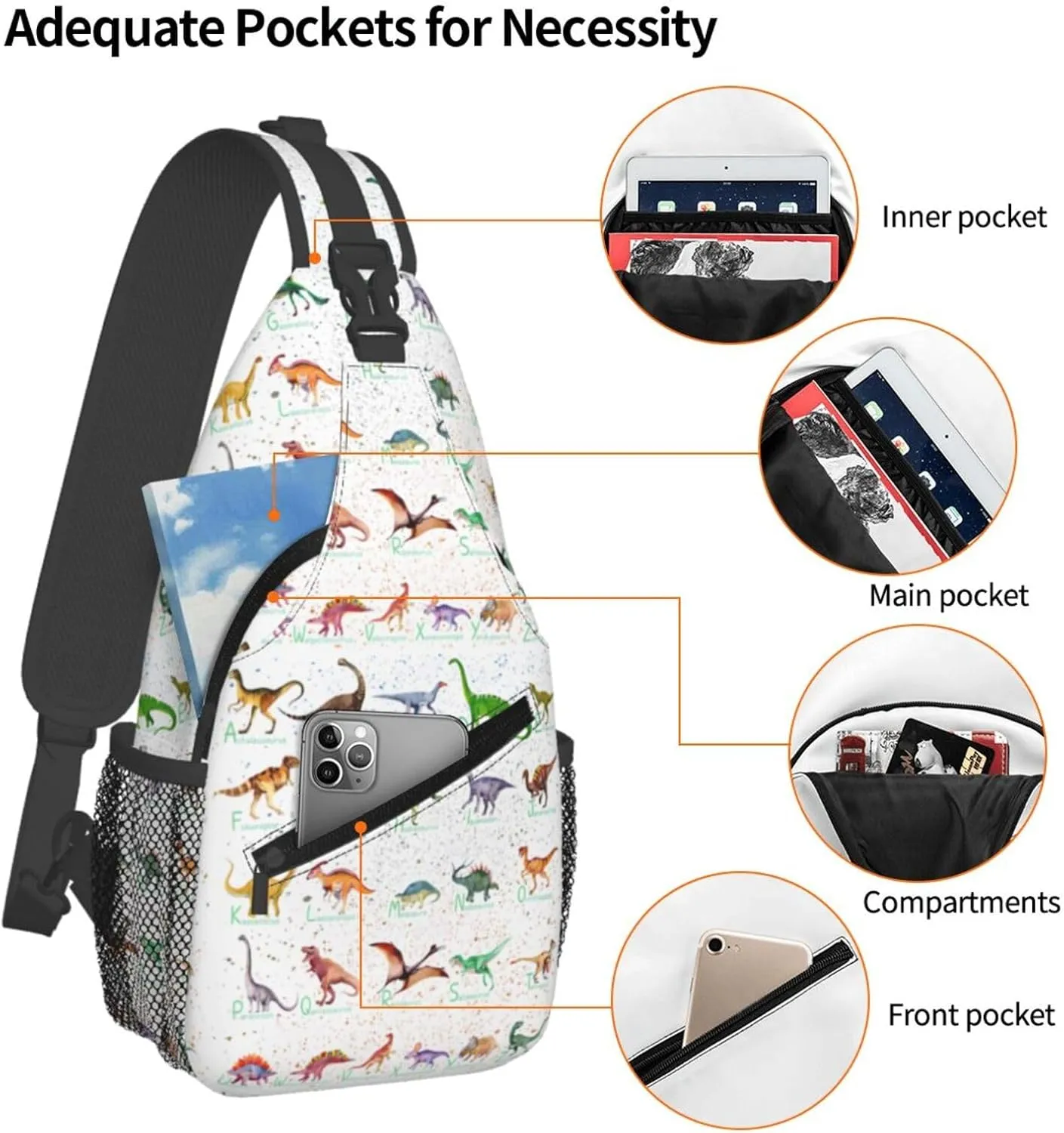 Dinosaur Alphabet Chest Sling Bag Crossbody Shoulder Backpack Bag Gym Cycling Travel Hiking Daypack Cross Bag