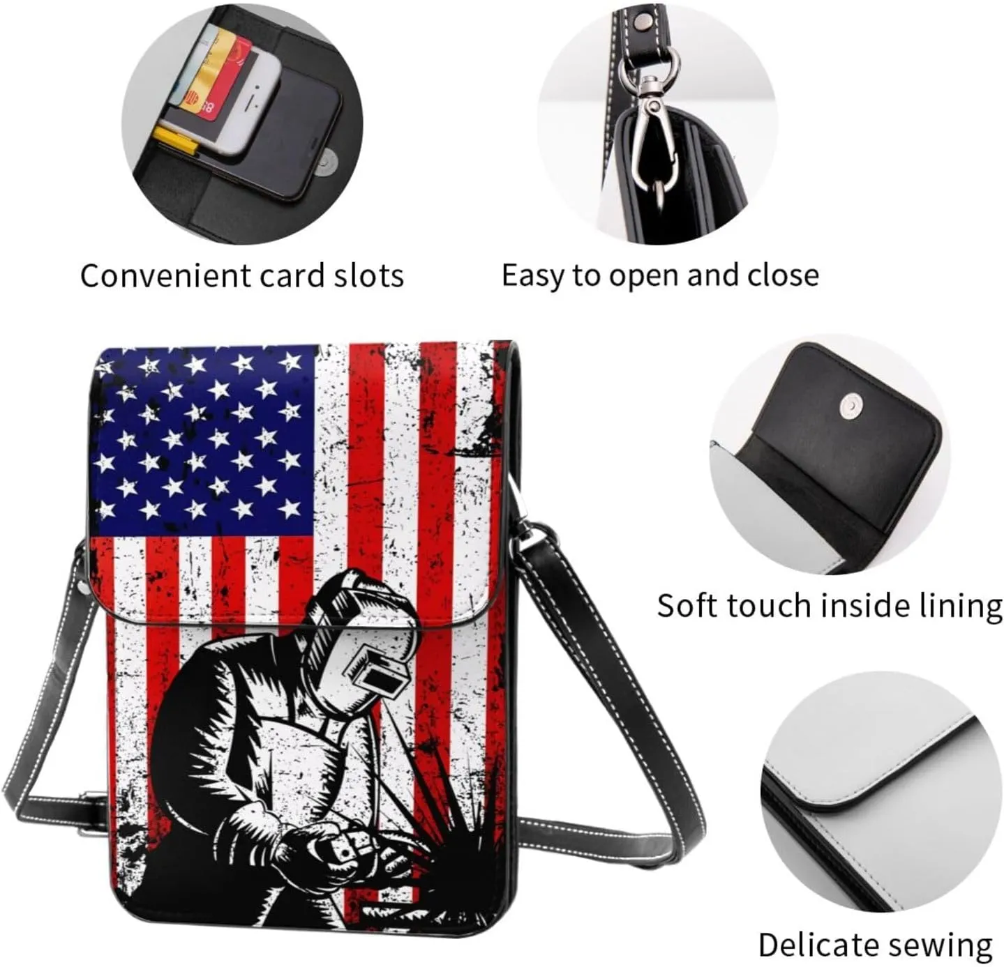 Dirt Track Racing American Flag Leather Crossbody Phone Purse for Women Cute Wallet Bags Lightweight Mini Sling Bag