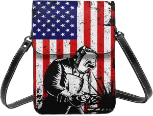 Dirt Track Racing American Flag Leather Crossbody Phone Purse for Women Cute Wallet Bags Lightweight Mini Sling Bag