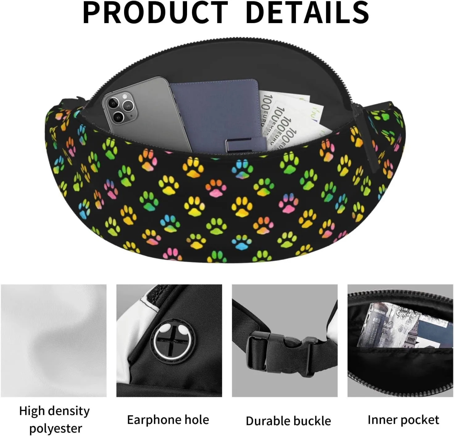 Dog Paw Print Fanny Pack for Women Men,Fashion Waist Pack Belt Bag Crossbody Bag for Traveling Casual Running Cycling