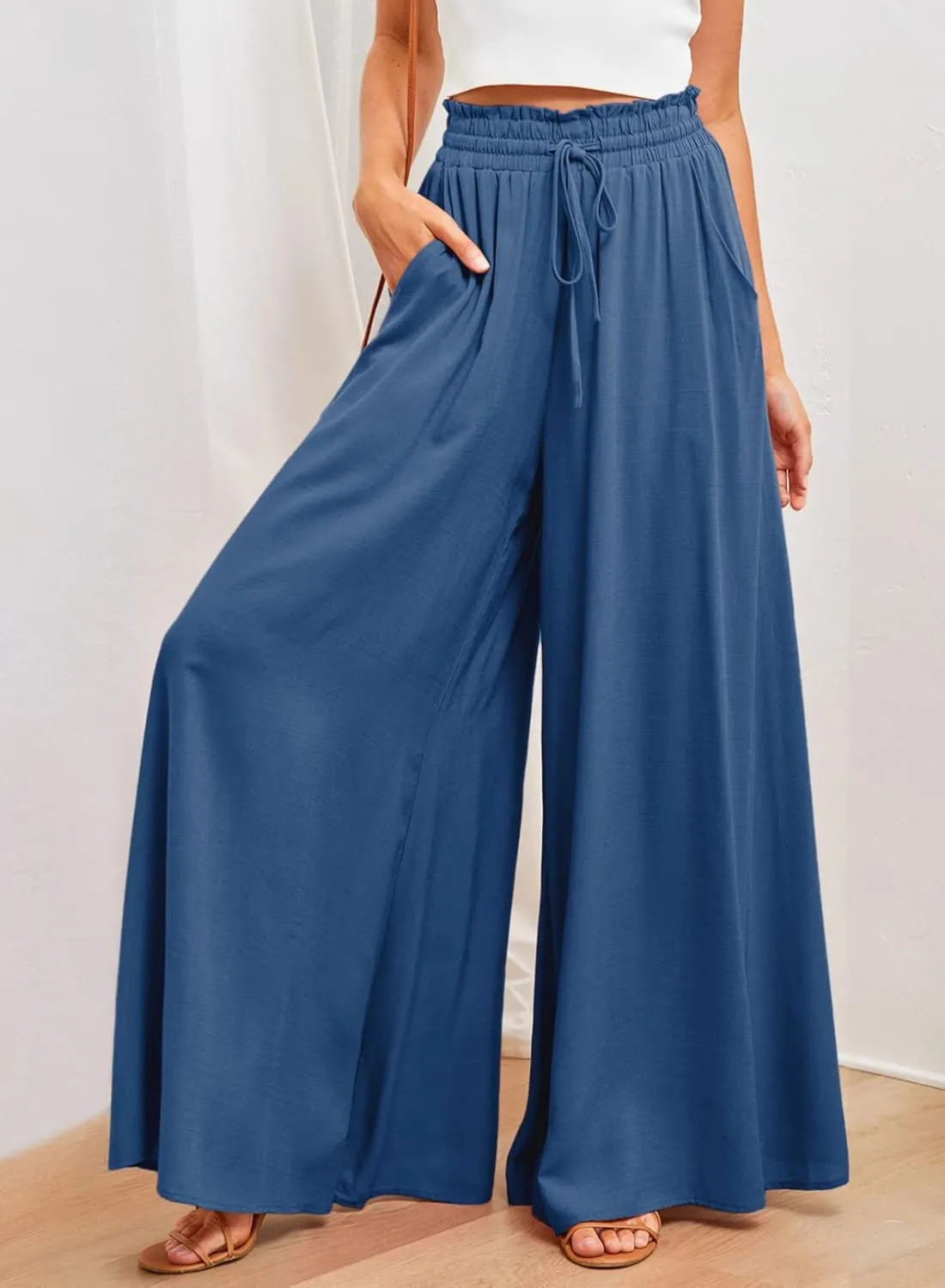 Dokotoo Pants for Women Casual Elastic Waist Wide Leg Pants with Pockets