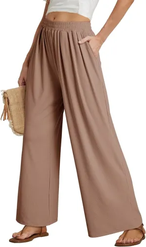 Dokotoo Women's Elastic Waist Wide Leg Pants Baggy Casual Stretch Palazzo Pants with Pockets