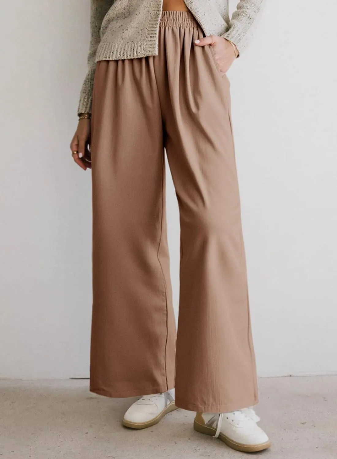Dokotoo Women's Elastic Waist Wide Leg Pants Baggy Casual Stretch Palazzo Pants with Pockets