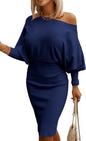 Dokotoo Women's Elegant Off Shoulder Long Lantern Sleeve Sweater Dress Elastic Waist Bodycon Mini Dresses