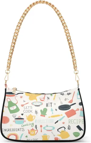 Doodle Kitchen Tools Utensils Shoulder Bag for Women Hobo Tote Handbag Gold Chain Crossbody Bag with Zipper Clutch Purse Handbags
