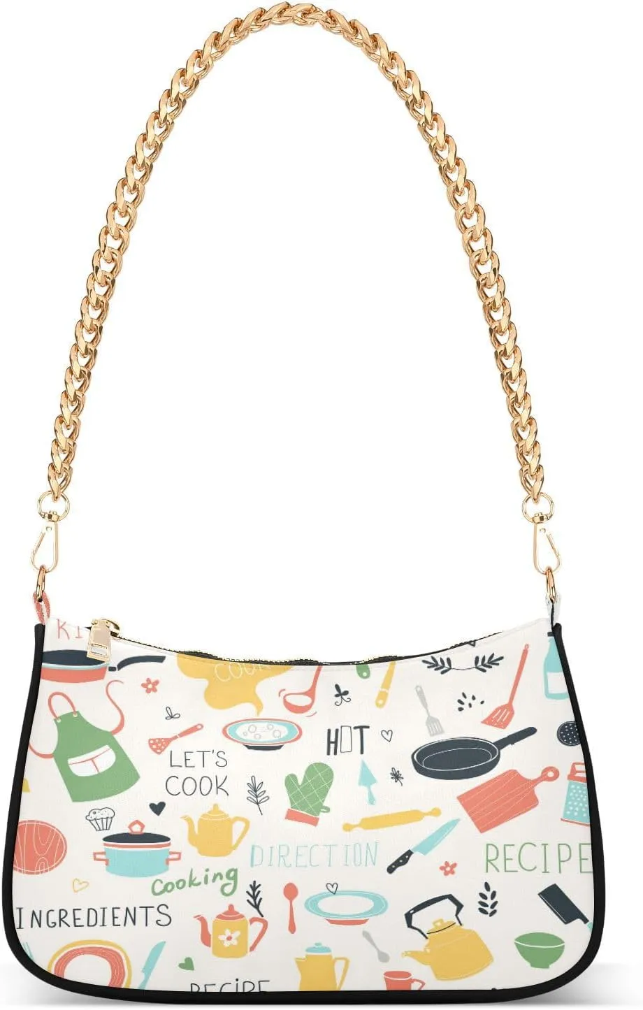 Doodle Kitchen Tools Utensils Shoulder Bag for Women Hobo Tote Handbag Gold Chain Crossbody Bag with Zipper Clutch Purse Handbags