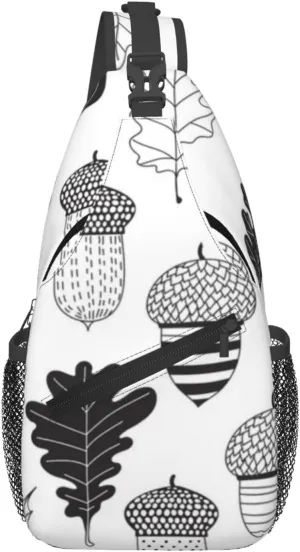 Doodled Acorns And Oak Leaves Chest Crossbody Bag Lightweight Sling Backpack Unisex Chest Pack Shoulder Bag For Men Women