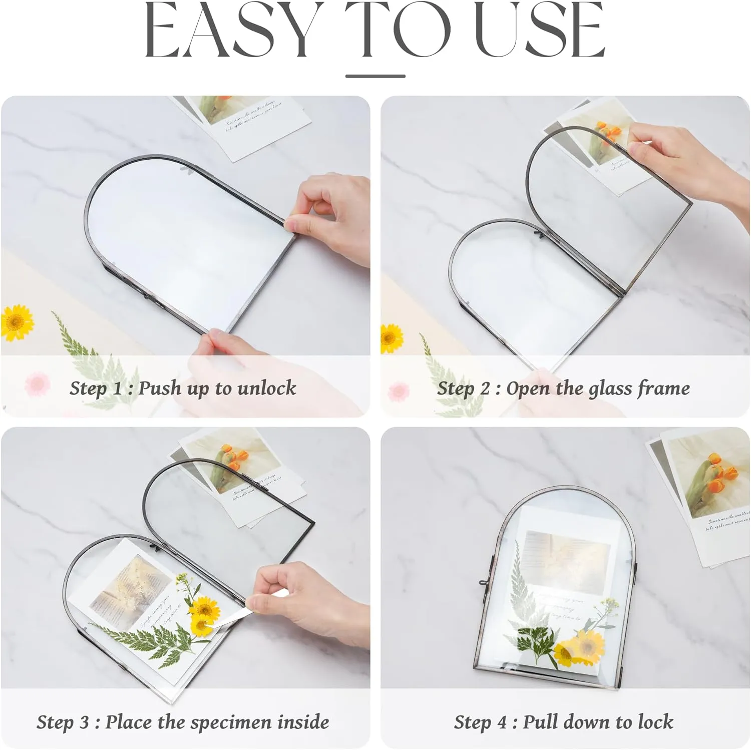 Double Glass Frame for Pressed Flowers Handmade, Metal Floating Picture Frame for Pressed Flower, Tabletop Display, Brass, ArcShaped, Black, 5x7 inches (FRAME ONLY)