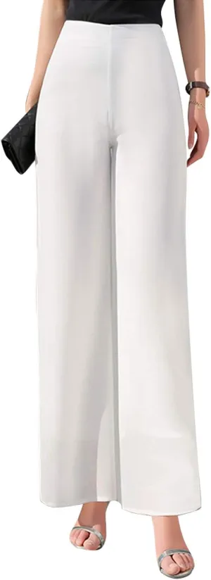 Double Plus Open Womens Chiffon High Waist Palazzo Dressy Pants Flare Elastic Waist Culottes Trousers Pant