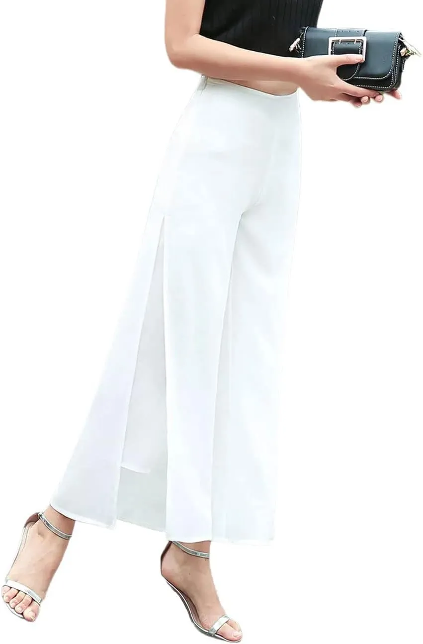 Double Plus Open Womens Chiffon High Waist Palazzo Dressy Pants Flare Elastic Waist Culottes Trousers Pant