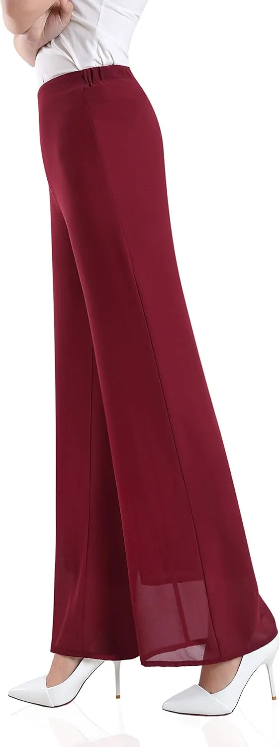 Double Plus Open Womens Chiffon High Waist Palazzo Dressy Pants Flare Elastic Waist Culottes Trousers Pant