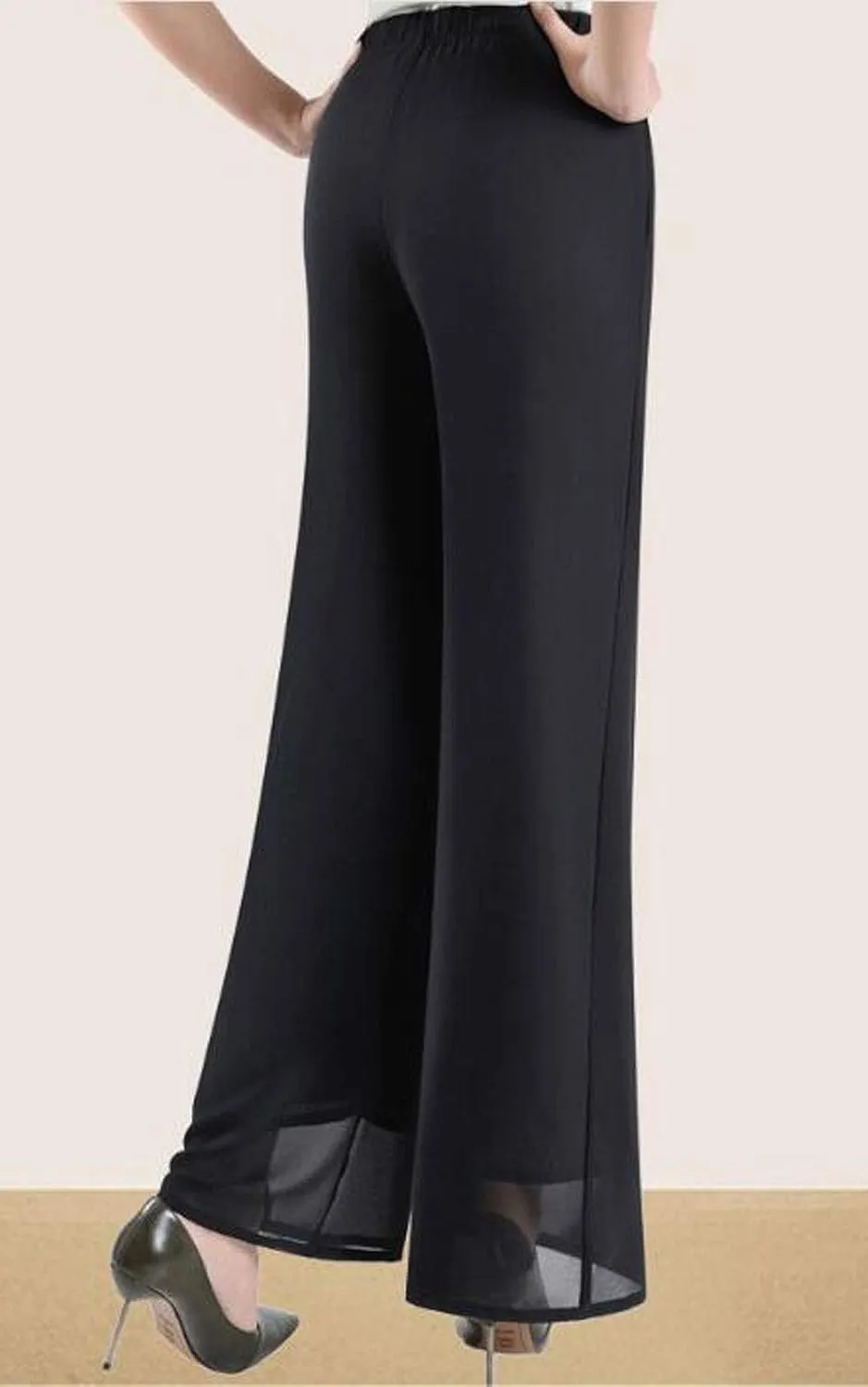 Double Plus Open Womens Chiffon High Waist Palazzo Dressy Pants Flare Elastic Waist Culottes Trousers Pant