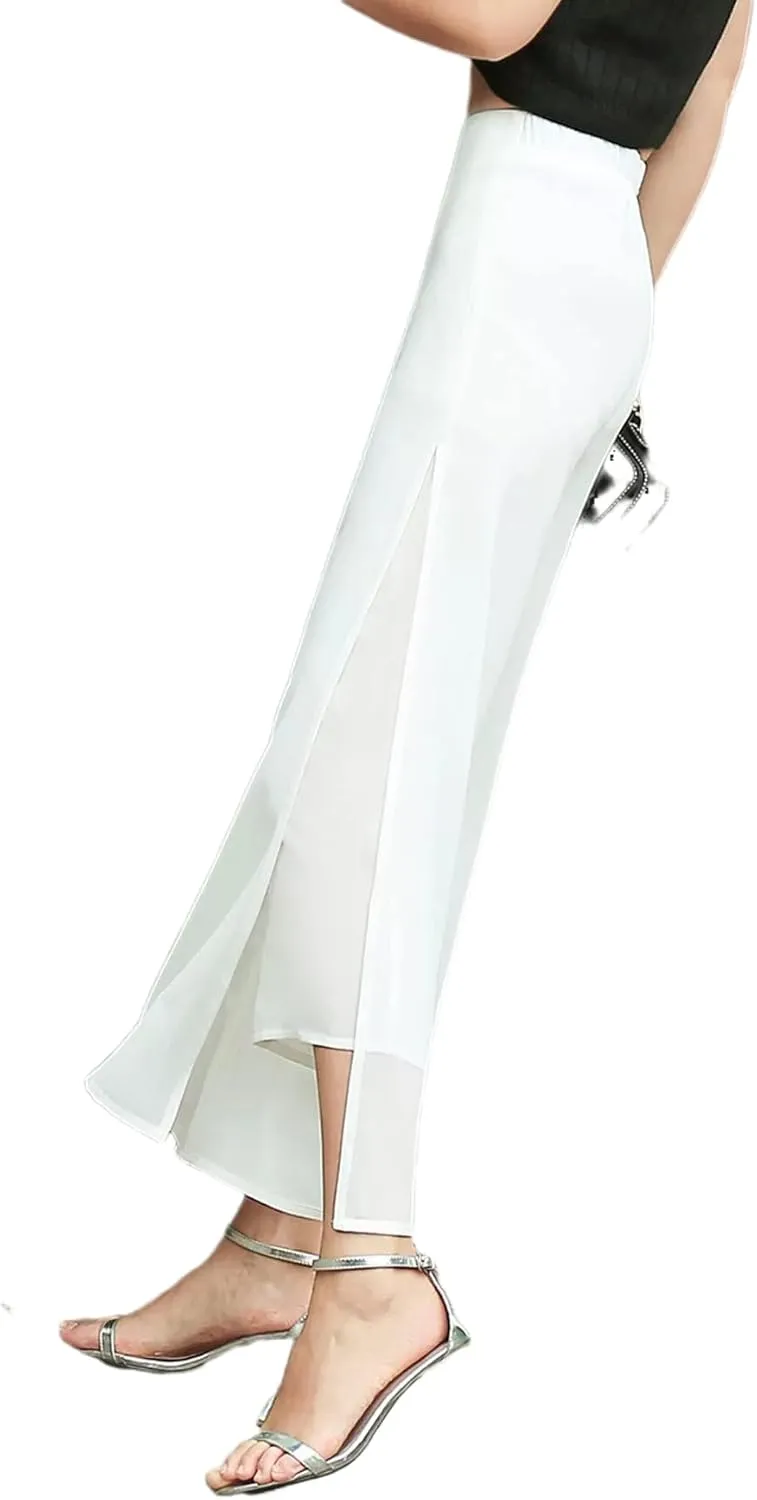 Double Plus Open Womens Chiffon High Waist Palazzo Dressy Pants Flare Elastic Waist Culottes Trousers Pant