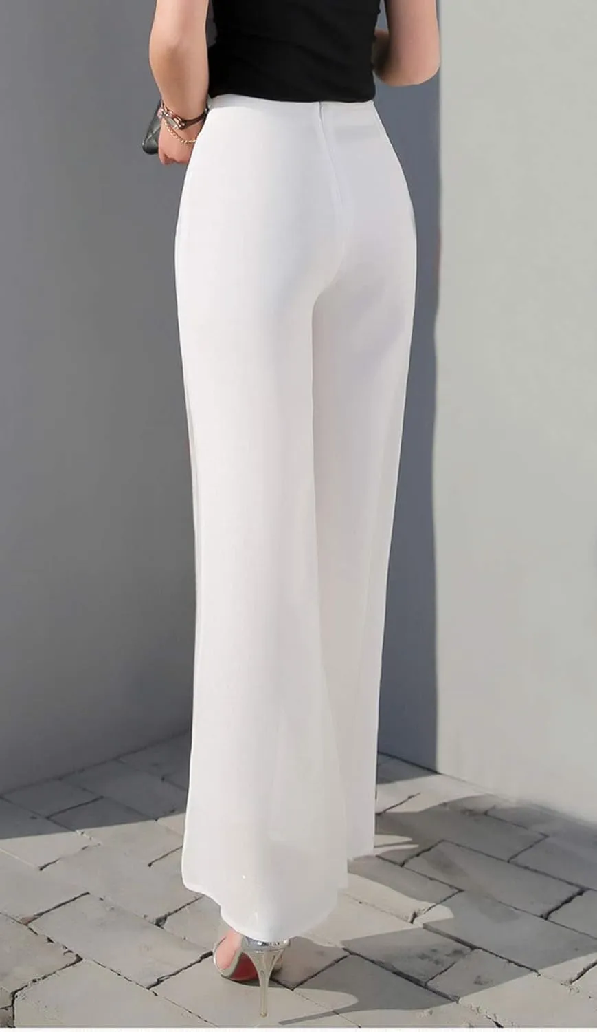 Double Plus Open Womens Chiffon High Waist Palazzo Dressy Pants Flare Elastic Waist Culottes Trousers Pant