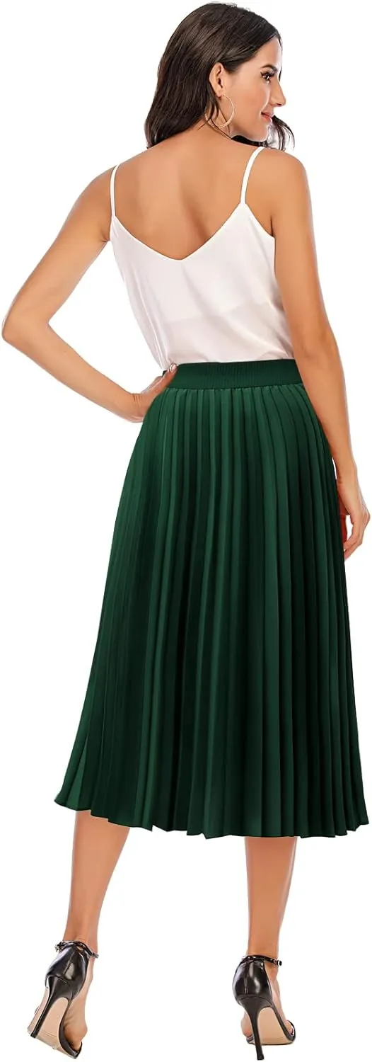 DRESSTELLS Pleated Midi Skirts for Women, Aline Long High Elastic Waisted Summer Flowy Chiffon Swing Skirt