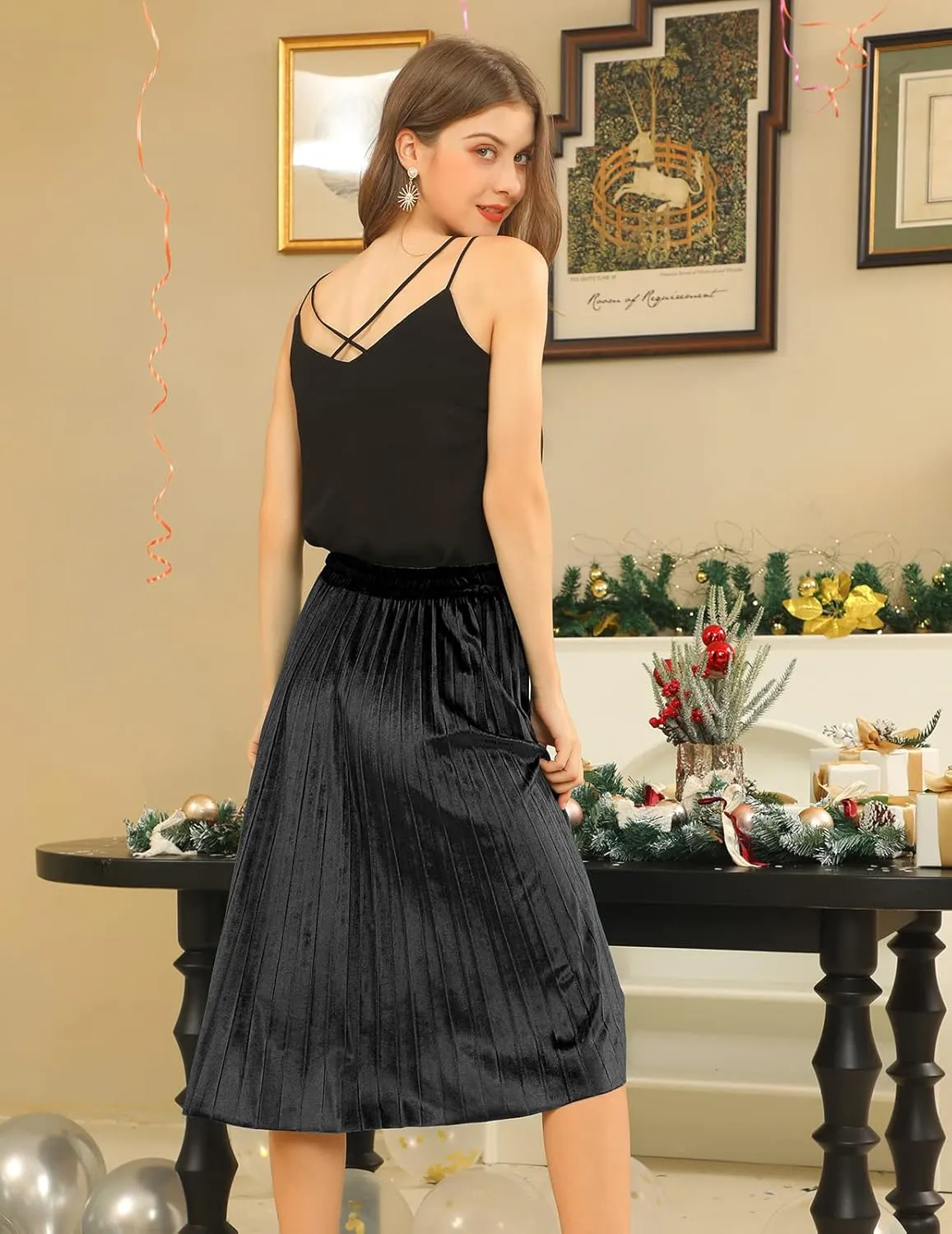 DRESSTELLS Pleated Midi Skirts for Women, Aline Long High Elastic Waisted Summer Flowy Chiffon Swing Skirt