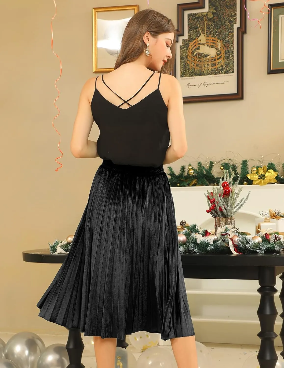 DRESSTELLS Pleated Midi Skirts for Women, Aline Long High Elastic Waisted Summer Flowy Chiffon Swing Skirt
