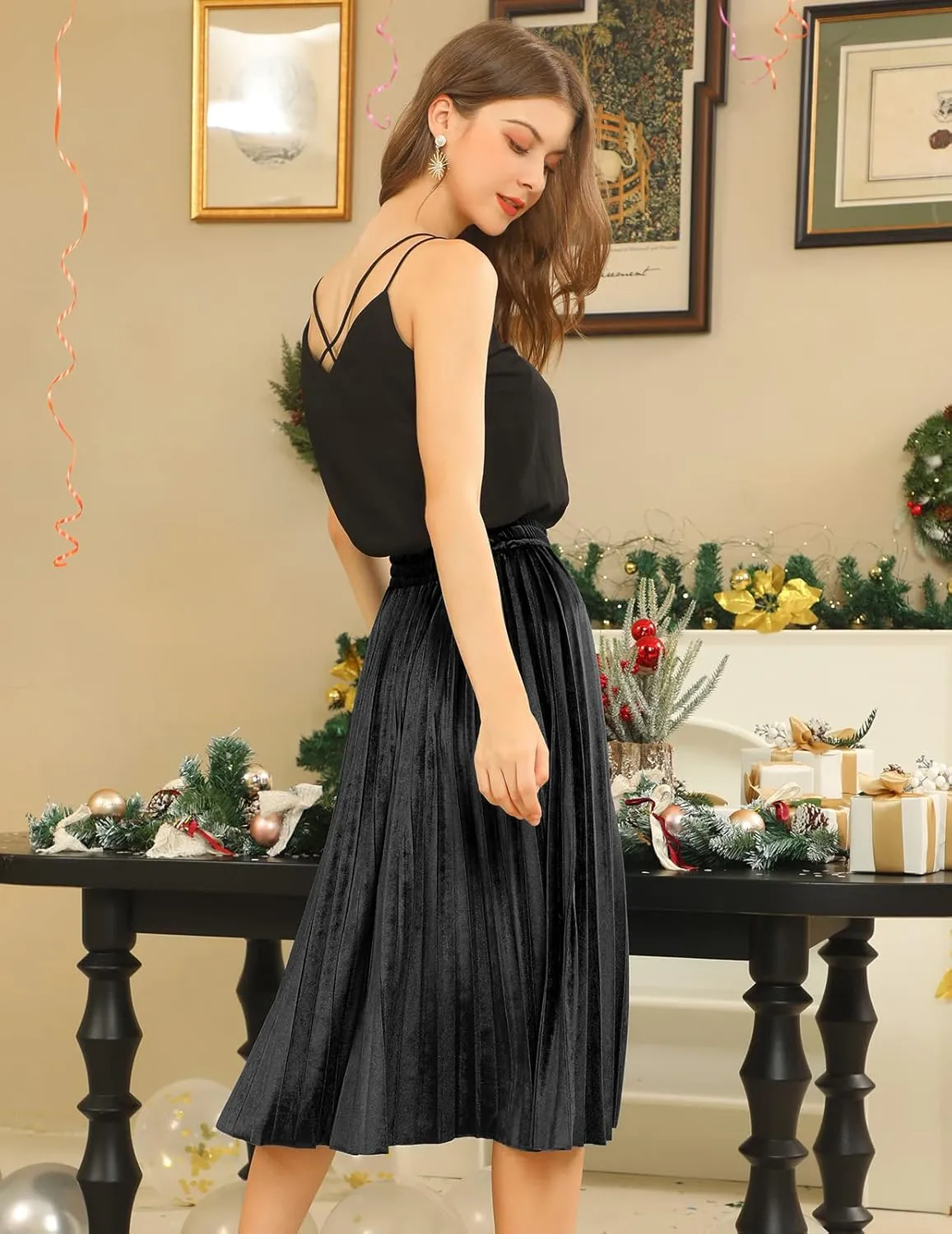 DRESSTELLS Pleated Midi Skirts for Women, Aline Long High Elastic Waisted Summer Flowy Chiffon Swing Skirt