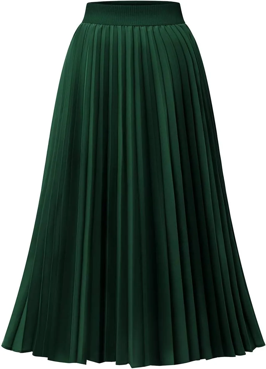 DRESSTELLS Pleated Midi Skirts for Women, Aline Long High Elastic Waisted Summer Flowy Chiffon Swing Skirt