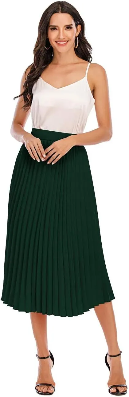 DRESSTELLS Pleated Midi Skirts for Women, Aline Long High Elastic Waisted Summer Flowy Chiffon Swing Skirt