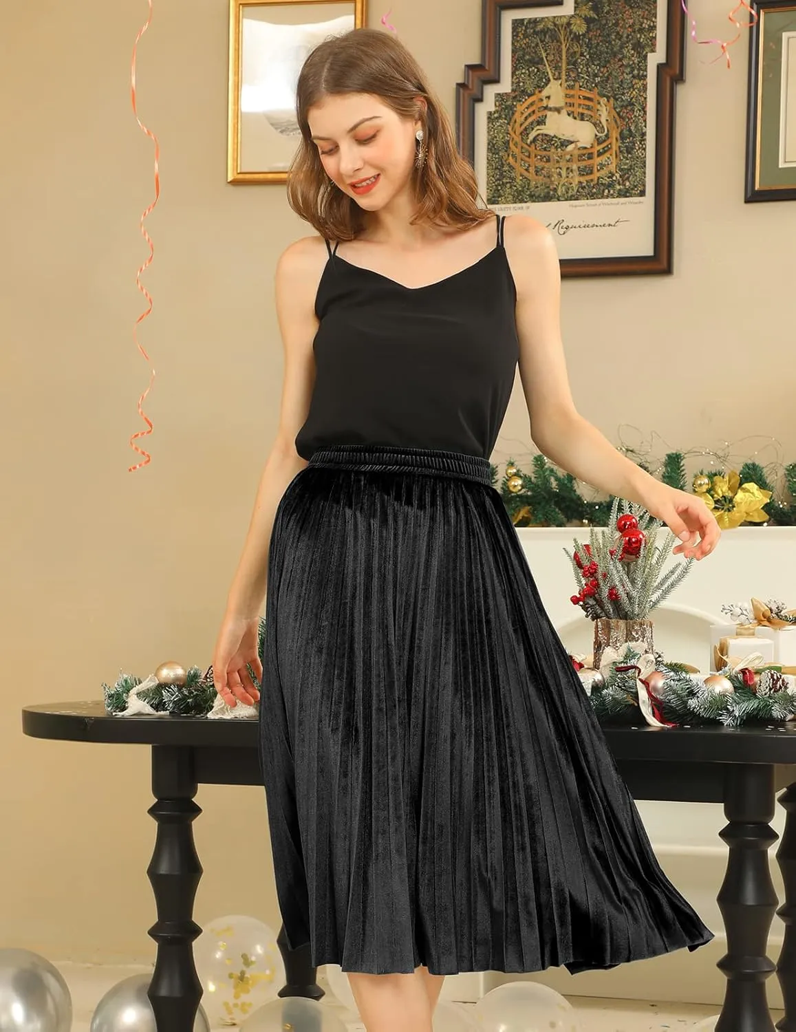 DRESSTELLS Pleated Midi Skirts for Women, Aline Long High Elastic Waisted Summer Flowy Chiffon Swing Skirt