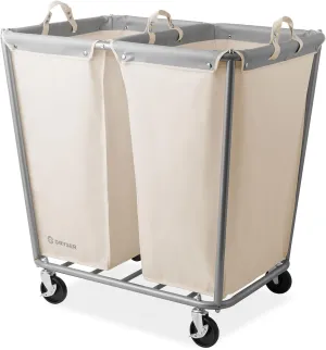 Dryser Divided Commercial Heavy-Duty Rolling Laundry Hamper, Steel Frame Cart on Wheels with 2 Section Removable Canvas Bins for Hotel or Home - White