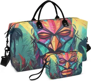 Duffel Bag Set with Toiletry Bag for Travel Gym Sport, Luggage Sleeve Weekender Bags Carry on Overnight Bag-Colorful Painting Tiki Print