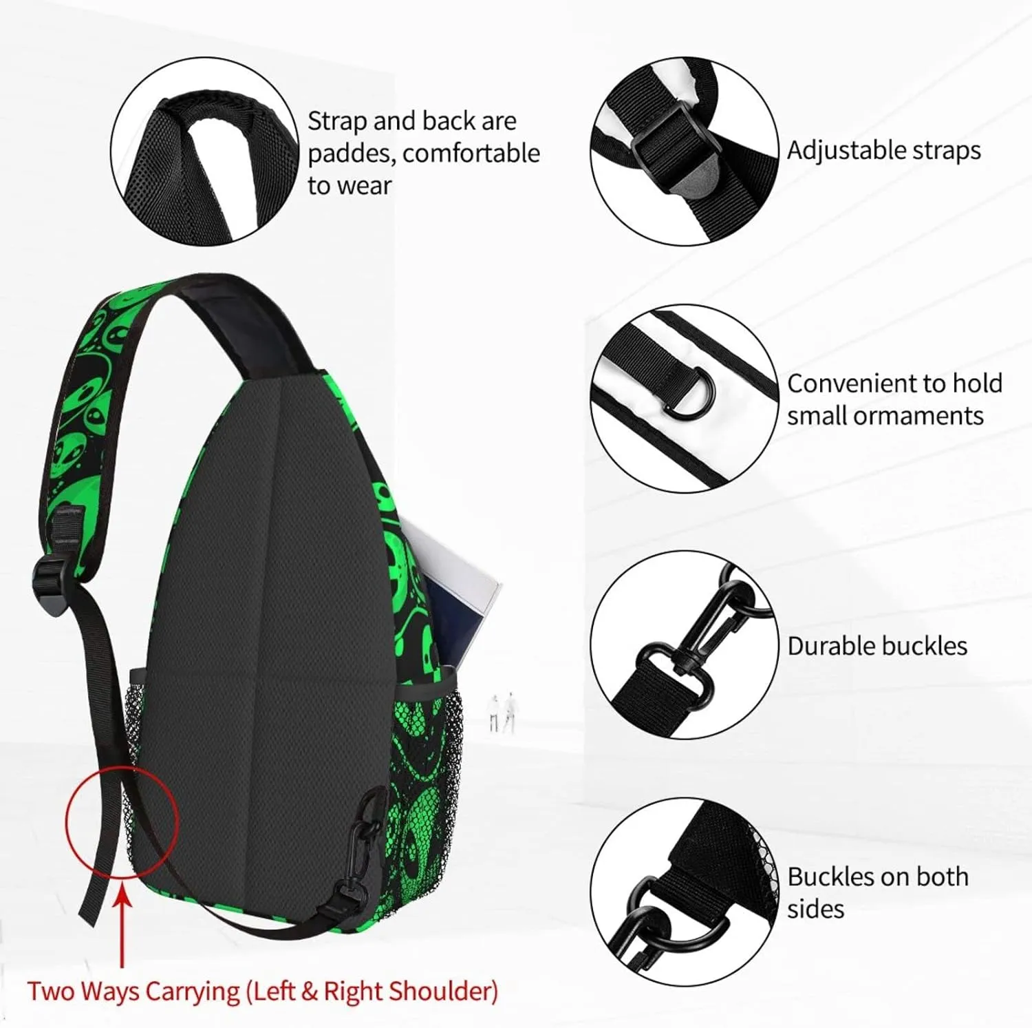 Dujiea Crossbody Backpack For Men Women Sling Bag, Alien Pattern Chest Bag Shoulder Bag Lightweight One Strap Backpack Multipurpose Travel Hiking Daypack