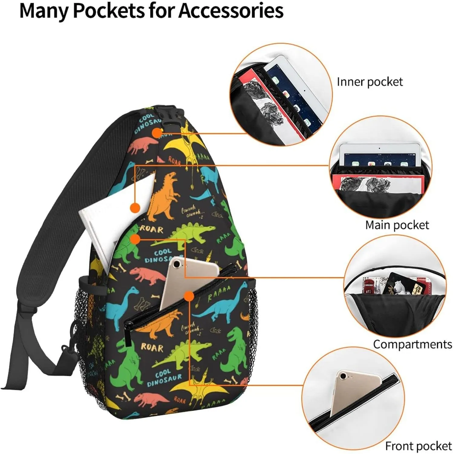 Dujiea Crossbody Backpack For Men Women Sling Bag, Childish Doodles Dinosaurs Chest Bag Shoulder Bag Lightweight One Strap Backpack Multipurpose Travel Hiking Daypack