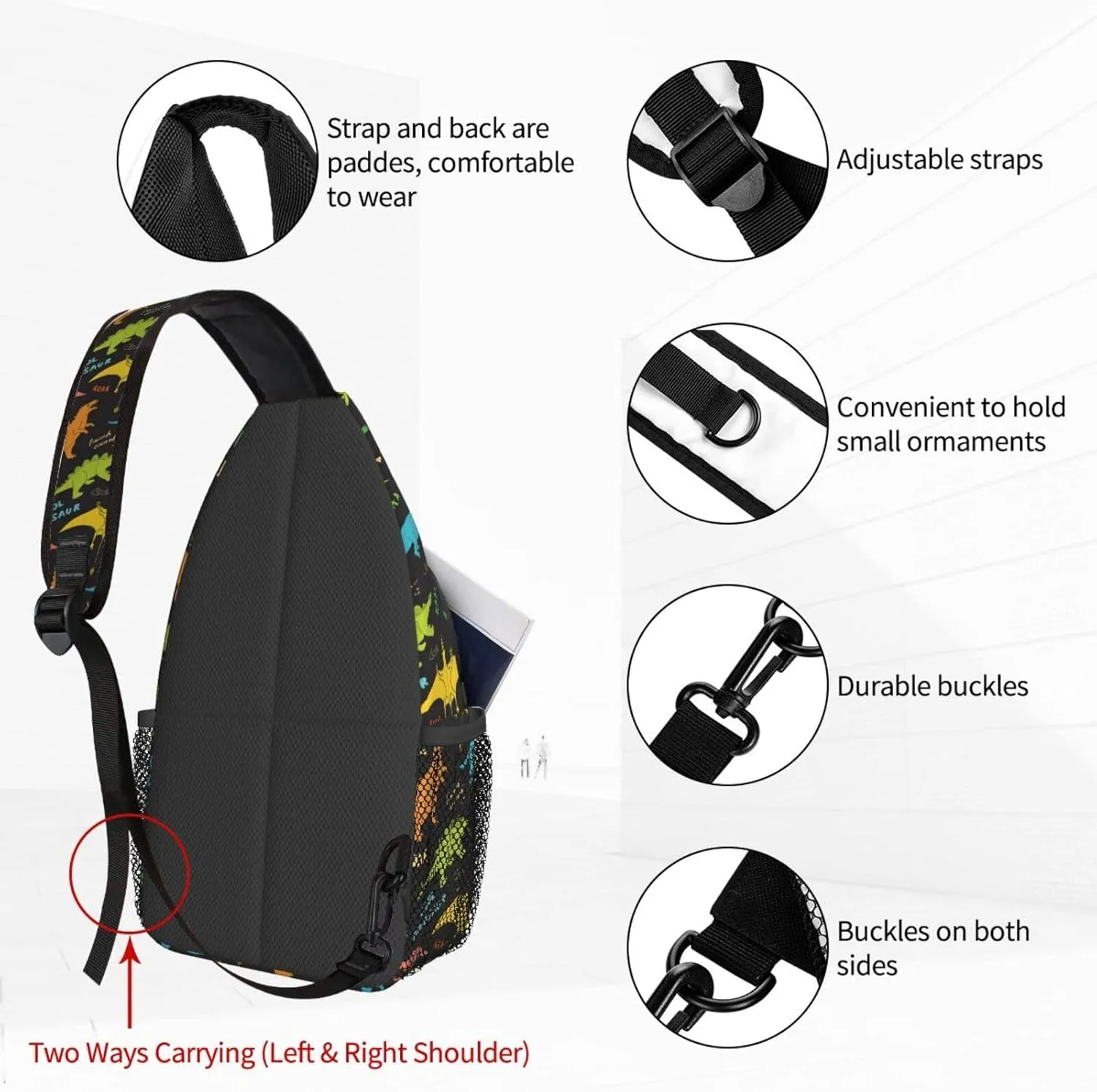 Dujiea Crossbody Backpack For Men Women Sling Bag, Childish Doodles Dinosaurs Chest Bag Shoulder Bag Lightweight One Strap Backpack Multipurpose Travel Hiking Daypack
