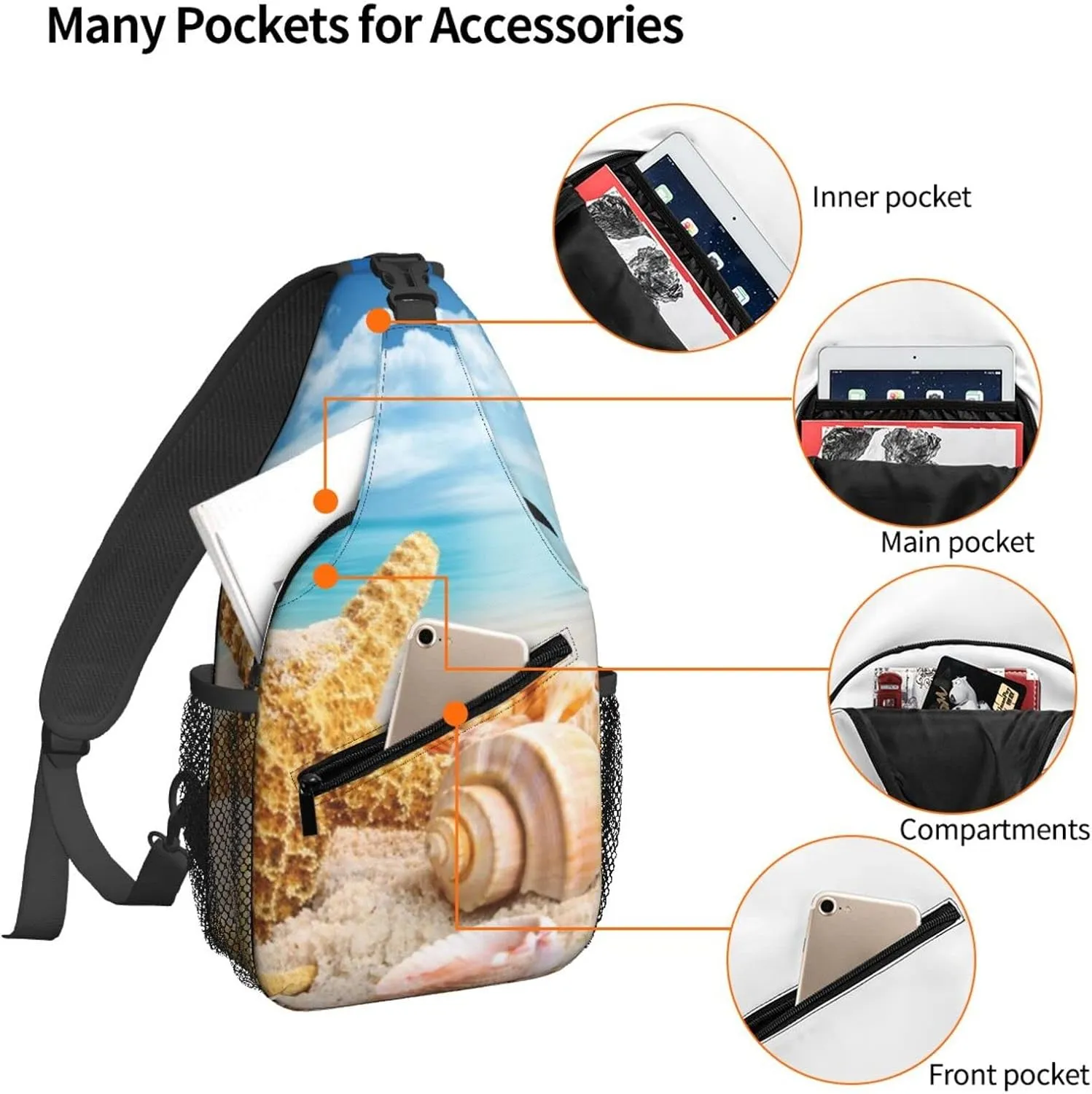 Dujiea Crossbody Backpack For Men Women Sling Bag, Tropical Seashells Ocean Beach Chest Bag Shoulder Bag Lightweight One Strap Backpack Multipurpose Travel Hiking Daypack