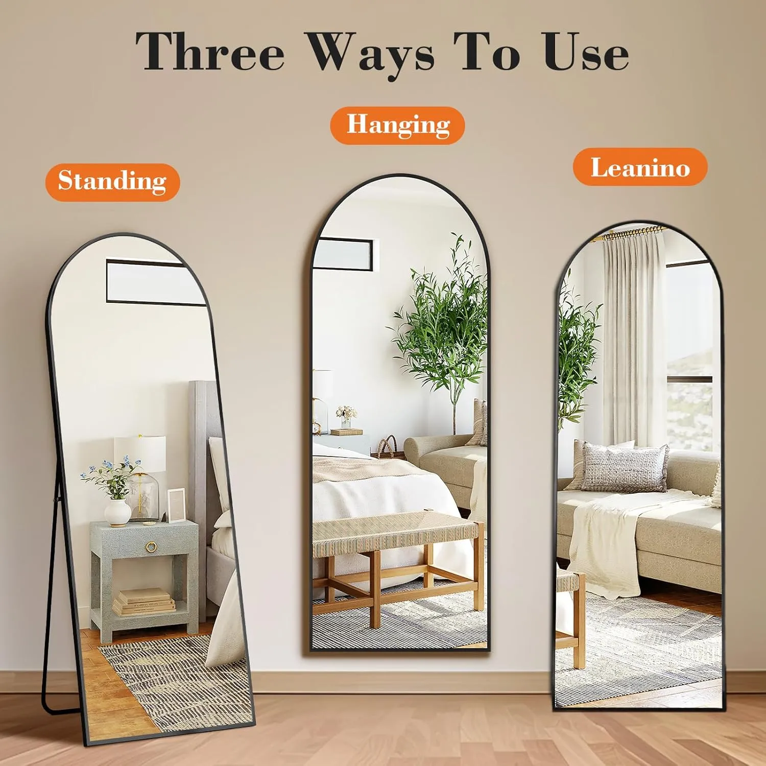 DUMOS Arched Full Length Mirror with Stand 64"x21" Floor Standing Aluminum Frame for Bedroom Body Hanging Leaning Modern Simple Home Decor Shatter-proorf Nano Glass Wall Living Room Cloakroom Black