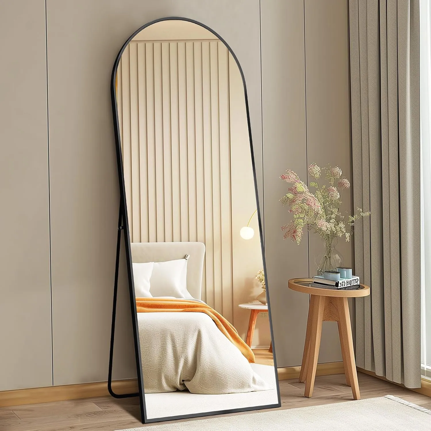 DUMOS Arched Full Length Mirror with Stand 64"x21" Floor Standing Aluminum Frame for Bedroom Body Hanging Leaning Modern Simple Home Decor Shatter-proorf Nano Glass Wall Living Room Cloakroom Black