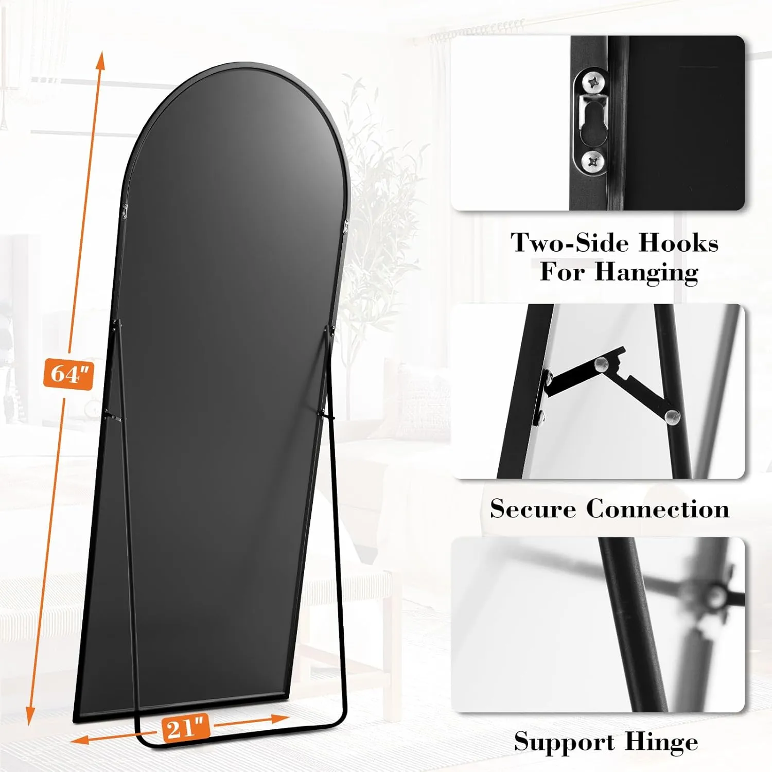 DUMOS Arched Full Length Mirror with Stand 64"x21" Floor Standing Aluminum Frame for Bedroom Body Hanging Leaning Modern Simple Home Decor Shatter-proorf Nano Glass Wall Living Room Cloakroom Black