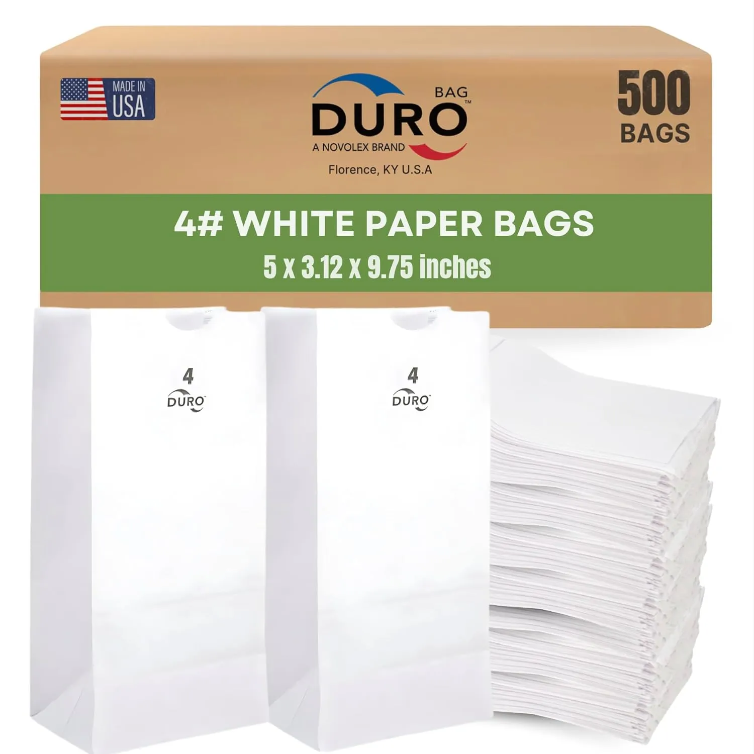 Duro 4# White Paper Bags 500-Count, White Paper Lunch Bags for Popcorn, Candy, Snacks & Treats, Bulk Disposable Lunch Sacks - 5.00 x3.12 x 9.75 Inches