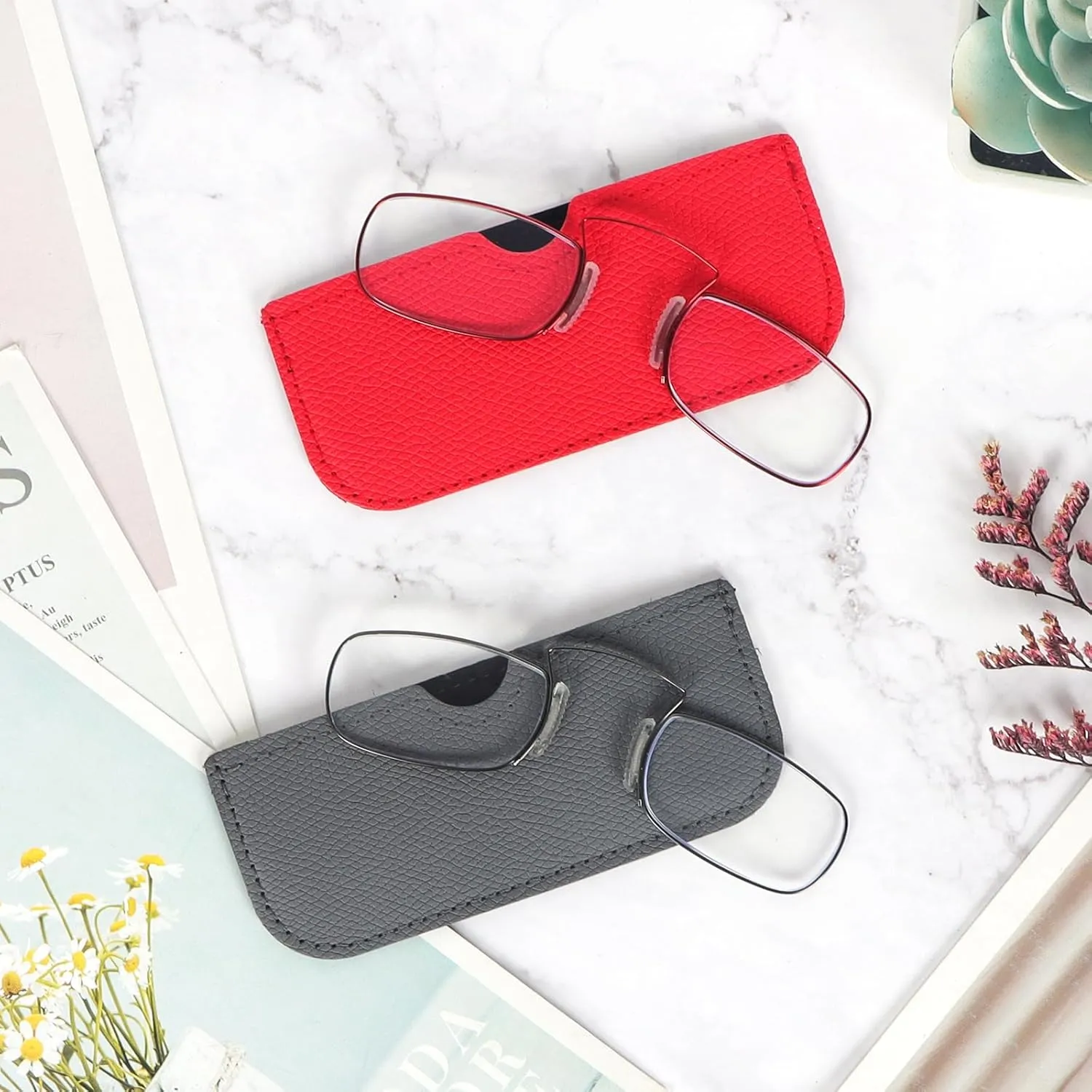 DXYXYO Armless Reading Glasses for Women Men, 2 Pack Mini Thin Legless Nose Clip Readers Compact with Small Portable Case