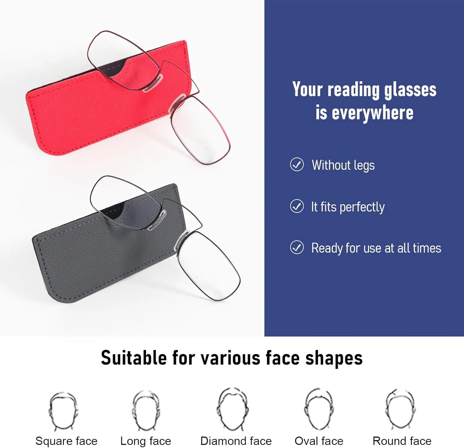DXYXYO Armless Reading Glasses for Women Men, 2 Pack Mini Thin Legless Nose Clip Readers Compact with Small Portable Case