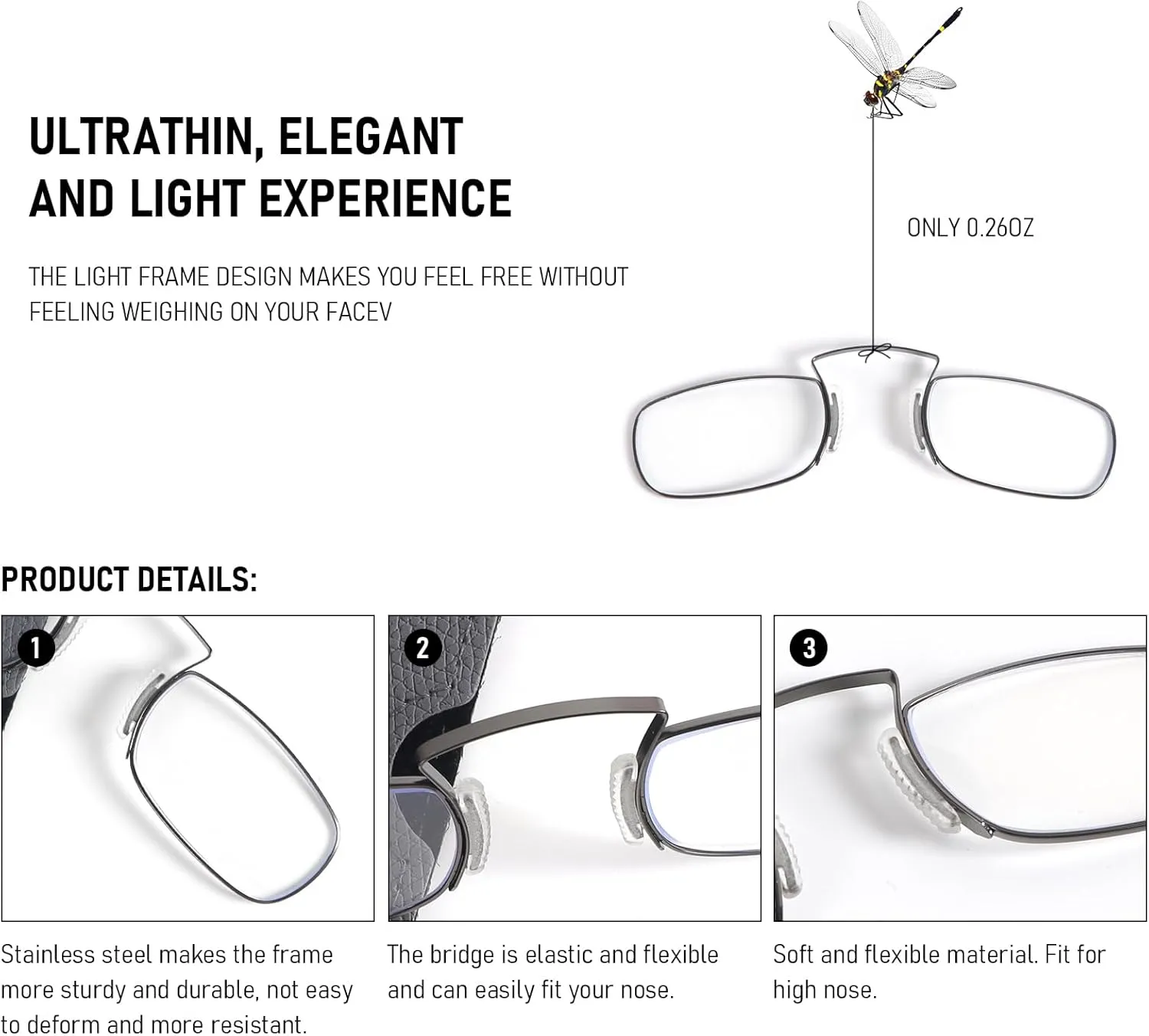 DXYXYO Armless Reading Glasses for Women Men, 2 Pack Mini Thin Legless Nose Clip Readers Compact with Small Portable Case